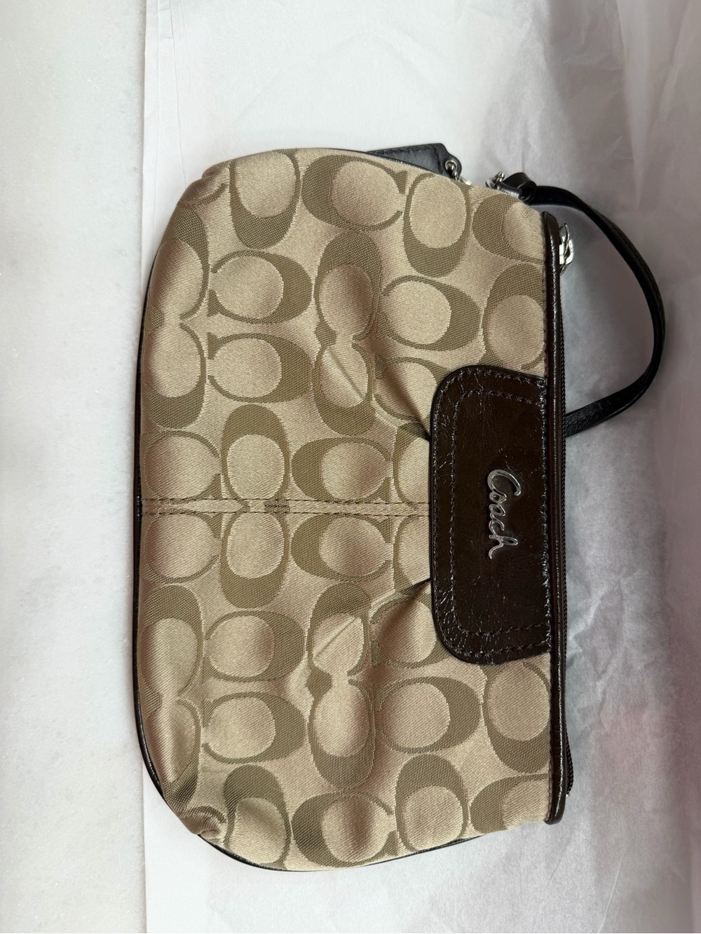 Coach Beige Signature Canvas Wristlet with Dark Brown Trim